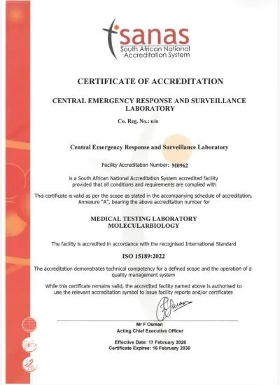 Accreditation certificate for the Central Emergency Response and Surveillance Laboratory (CERSL) a mark of international quality 