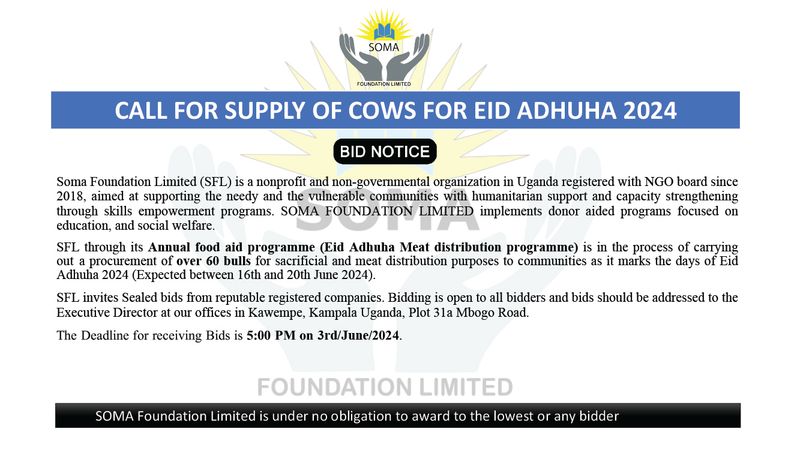 Bid Notice: SOMA Foundation Needs 60 Head of Cattle For Eid Adhuha 2024