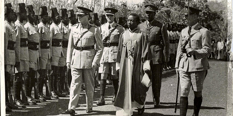 Sir Edward Frederick William David Walugembe Mutebi Luwangula Mutesa II of Buganda inspecting guard of honor