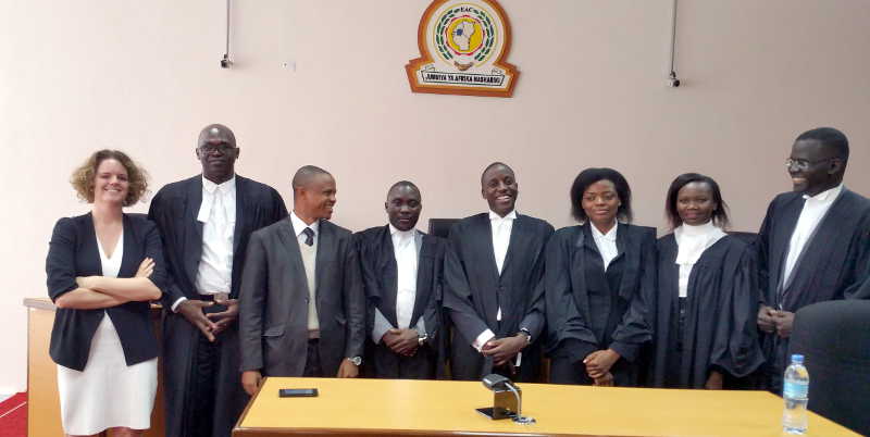 R-L: The late Ssembuusi's lawyers Nicholas Opiyo,      Harriet Nalukenge, Jeffrey Atwine, Ojambo Bichachi representing the Attorney General of Uganda, Tanzanian Advocate William Ernest representing the United Nations and African Union, Ugandan Lawyer, Gimara Francis and Alinda from UK representing MLDI and 19 others.