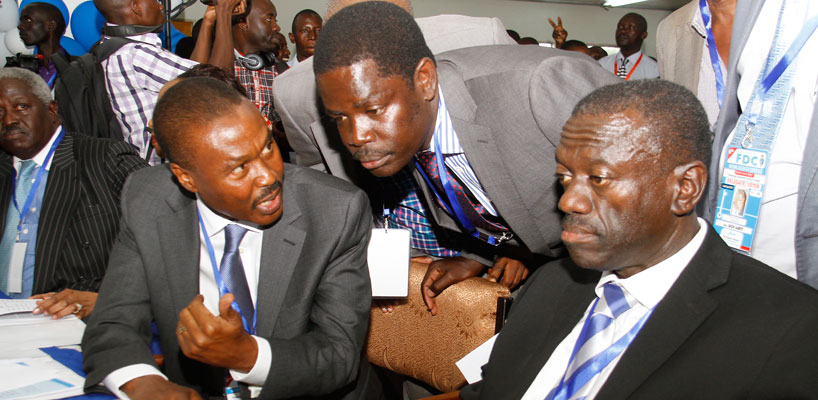 FDC's Col Kiiza Besigye and Maj Gen. Mugisha Muntu at Namboole during the FDC flag bearer elections