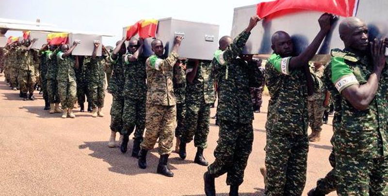 UPDF carries the bodies of the dead Ugandan soldiers