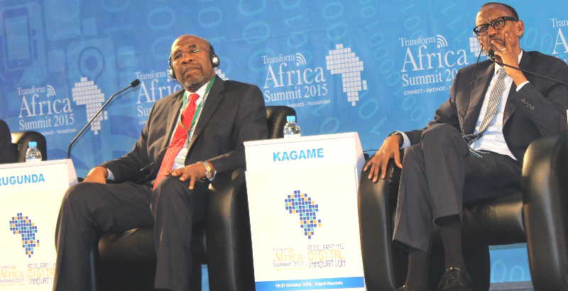 Uganda Prime Minister Dr. Ruhakana Rugunda and Rwanda President Paul Kagame share the high table to debate role of ICT in Dev't at the Transform Africa Summit
