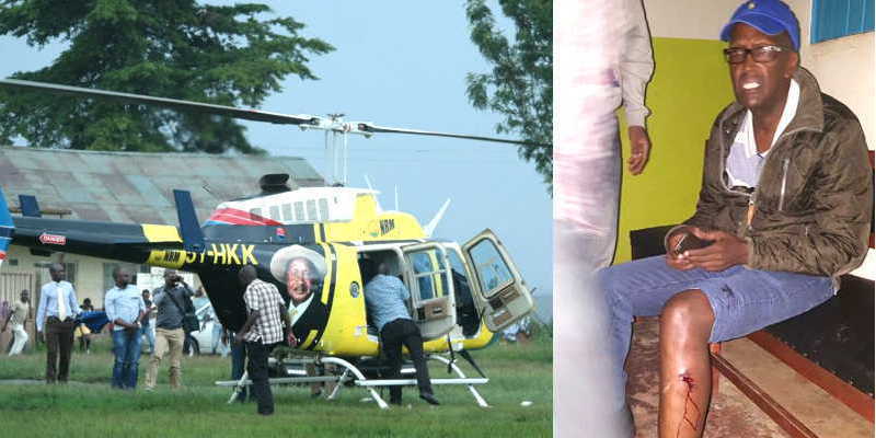Right, Tumukunde showing gun-shot wounds he sustained in the fracas. On the left is a super-imposed photo showing the copter he flew to Amama Mbabazi's rally in an apparent provocative move