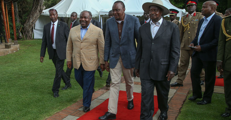 (R-L) Presidents, Yoweri Museveni, Uhuru Kenyatta and Ali Bongo