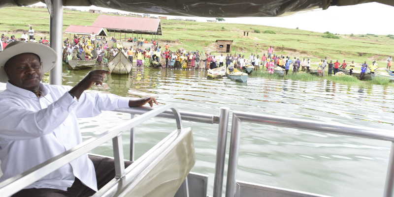 President Museveni on a boat touring Kazinga channel. PHOTO by: State House