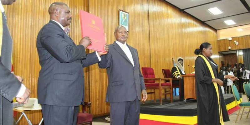 President Museveni spent the most part of Thursday around Parliament to supervise the election of Deputy Speaker. Above he handed Oulanyah, the instruments of power