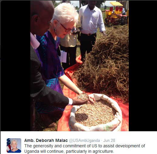 A tweet showing Ambassador Malac touring an exhibition in Uganda to view beans. She pledged US's continued support to agriculture 