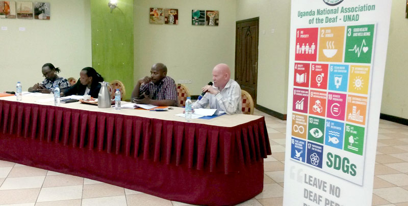 LEFT TO RIGHT: Laura Kanushu, Executive Director Legal Action for Persons with Disabilities (LAPD), Margaret Komuhangi Chairperson Parliamentary Committee on Gender, Alex Ndeezi PWD MP Central Region, Hassan Mulondo Rep marginalized groups at a dialogue with MPs on PWD Bill recently