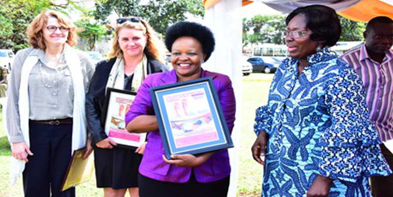 Uganda Parliament Speaker Rebeca Kadaga, right, at the launch of the initiative at Jinja Referral Hospital, apparently unaware that her visit had inadvertently caused the death of triplets from her constituency