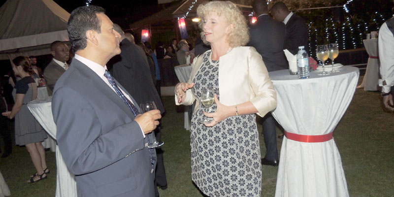 Also in attendance was British High Commissioner Alison Blackburne (R) and American Chamber of Commerce in Uganda (AMCHAM) board chair Dr. Abhay Agawal sipping wine