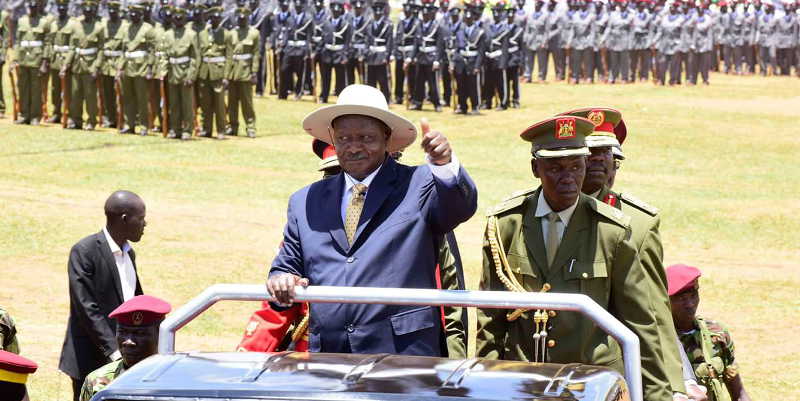President Museveni inspects a guard of honour at the 54th independence celebrations in Luuka district on Sunday 