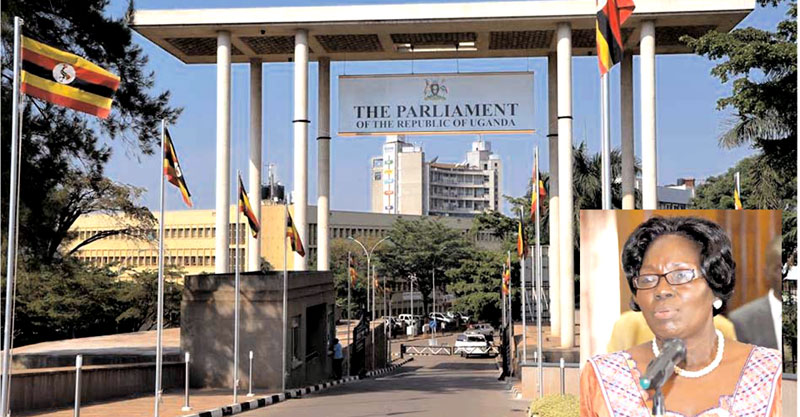 Main entrance to the Parliament of Uganda, (Inset) is the Speaker of Parliament Rebecca Kadaga