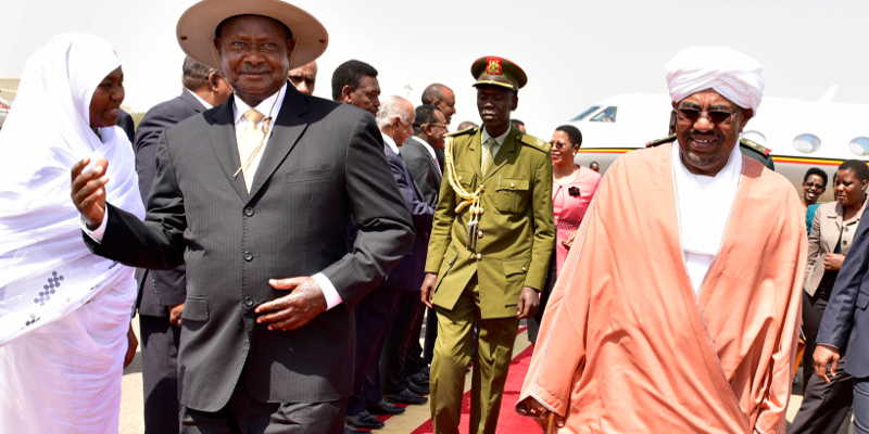 President Museveni being received in Khartoum by his counterpart Omar Al Bashir 