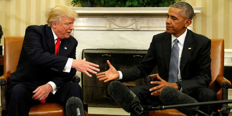 President Barack Obama with his successor President Elect Donald Trump at their first meeting in the White House