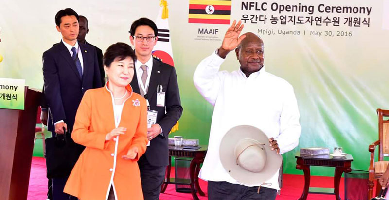 President Museveni with former South Korean leade Park Geun Hye when she came to open the farmers facility in Kampiringisa Mpigi District