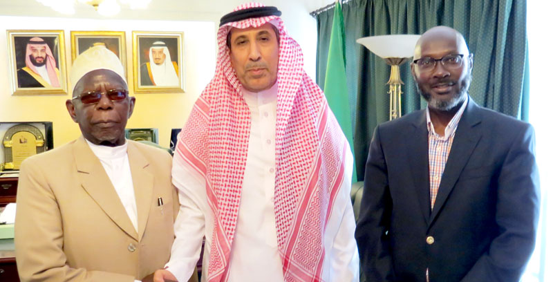 The Director of Muslim World League Sheik Obeid Kamulegeya (Left) paying a courtesy call to his Excellency the Ambassador of Saudi Arabia to Uganda Dr. Abdallah Bin Fahad Al Kahtani