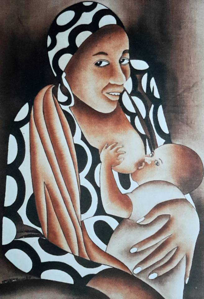 In this Batik painting, Ugandan artist Nuwa Wamala Nyanzi portrays the loving care of a mother 