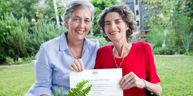 Same sex couple Jill Kindt (L) and Jo Grant from Australia