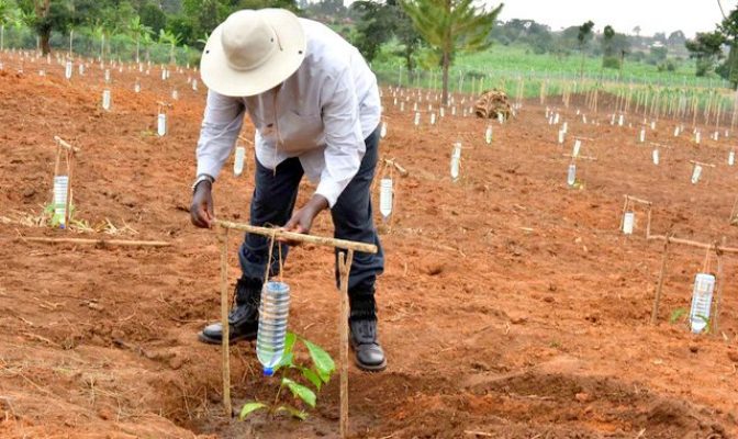 President Museveni demonstrates how to use a bottle for irrigation