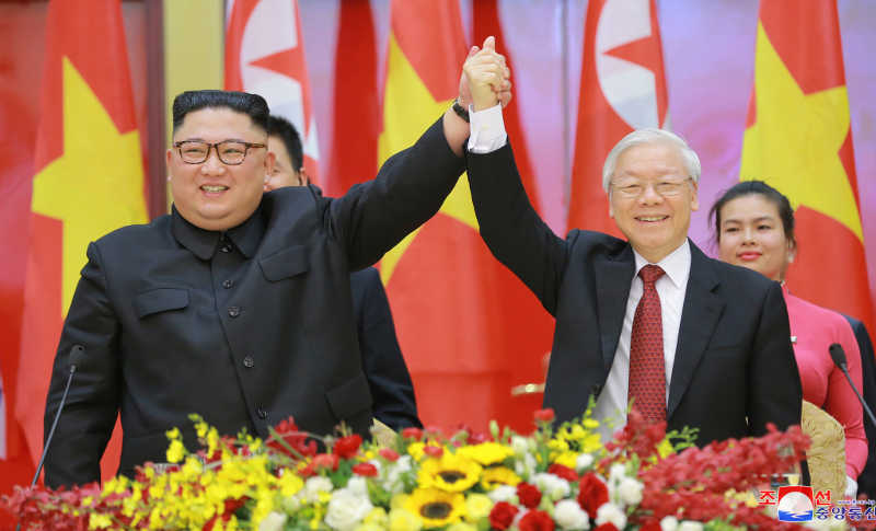 Supreme Leader Kim Jong Un met with Nguyen Phu Trong, general secretary of the Communist Party of Vietnam Central Committee (CPVCC) and president of the Socialist Republic of Vietnam, at the Presidential Palace on [March 1,Juche 108(2019)], Friday afternoon