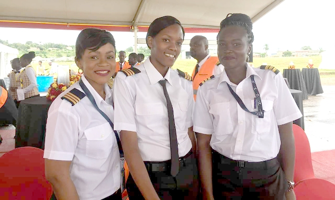 Uganda Airlines Line Pilots (L-R) Kayiwa Vanita, Nasirumbi Rita, Drazu Tina at the occasion to receive the first aircraft for Uganda Airlines
