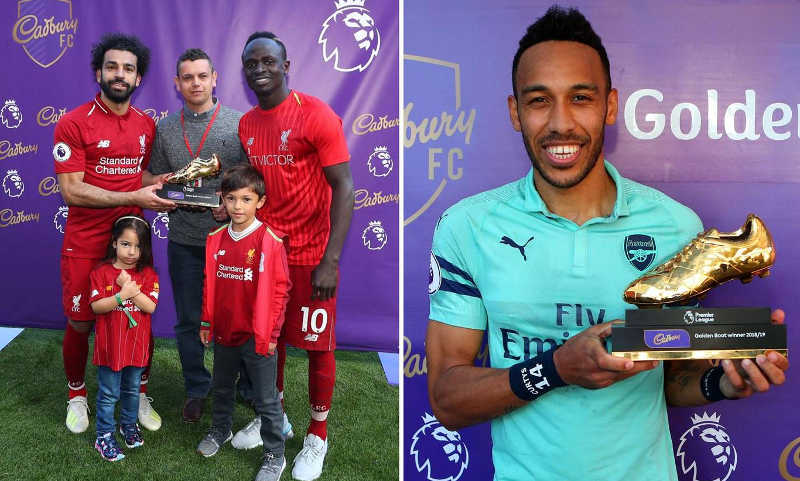 In Left Photo, Salah, left shared the prize with Mane and Aubameyang in separate picture (right)