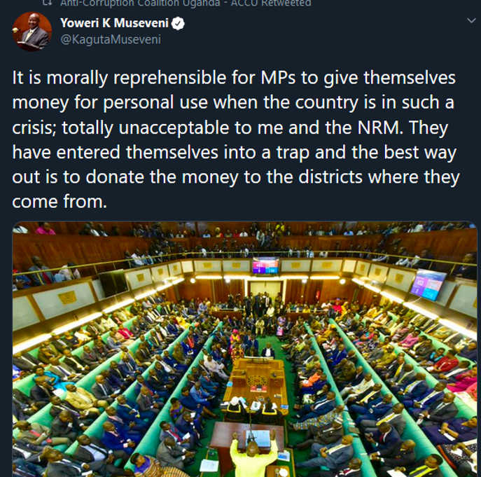 Museveni Twitter comment on MPs 10bn
