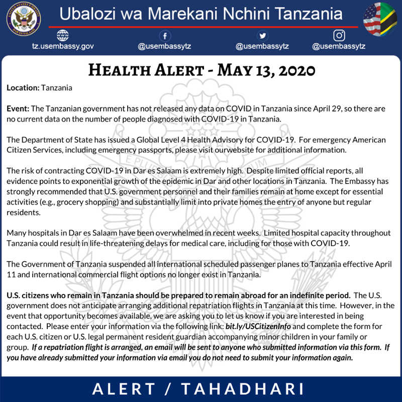 The US Embassy in Tanzania Warning on COVID-19 crisis