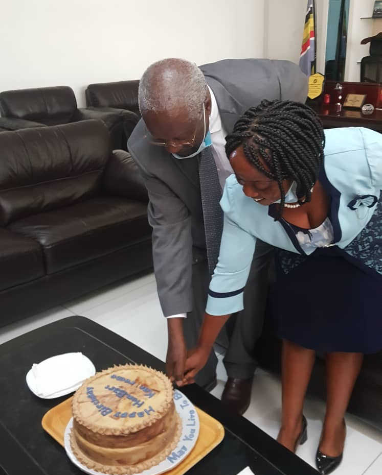 The Staff of the Office of the Chief Justice presented Katureebe with a Birthday cake for his 70th Birthday