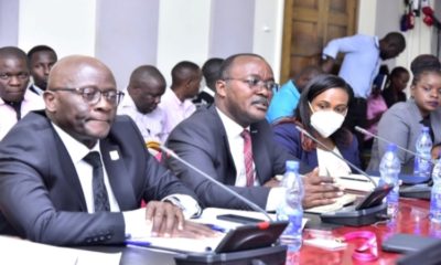 NSSF Board members led by Chairman Dr Peter Kimbowa (left) and Dr. Silver Mugisha (centre) appearing before the Parliamentary probe Committee on Wednesday Feb 1, 2023
