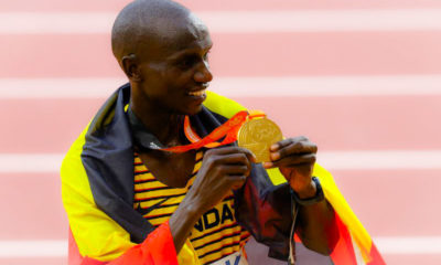 Joshua Cheptegei after winning the 3rd consecutive gold medal at the World Athletics Championship