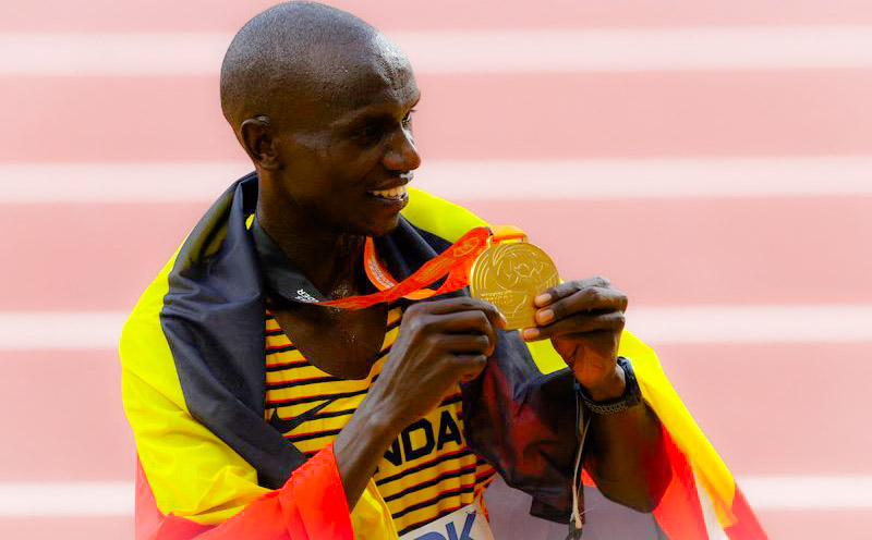 Joshua Cheptegei after winning the 3rd consecutive gold medal at the World Athletics Championship 