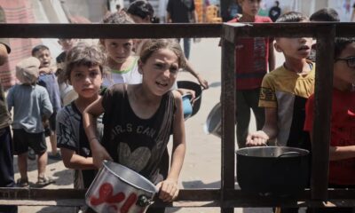 Palestinians in Gaza queue for food distributed by a charity organisation, Gaza City, Gaza, 14 July 2025. Photograph: Anadolu/Getty Images