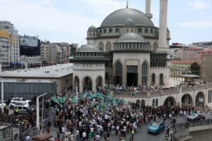 A crowd amasses in central Istanbul to protest against the cartoon published in LeMan magazine. Photograph: Dilara Senkaya/Reuters
