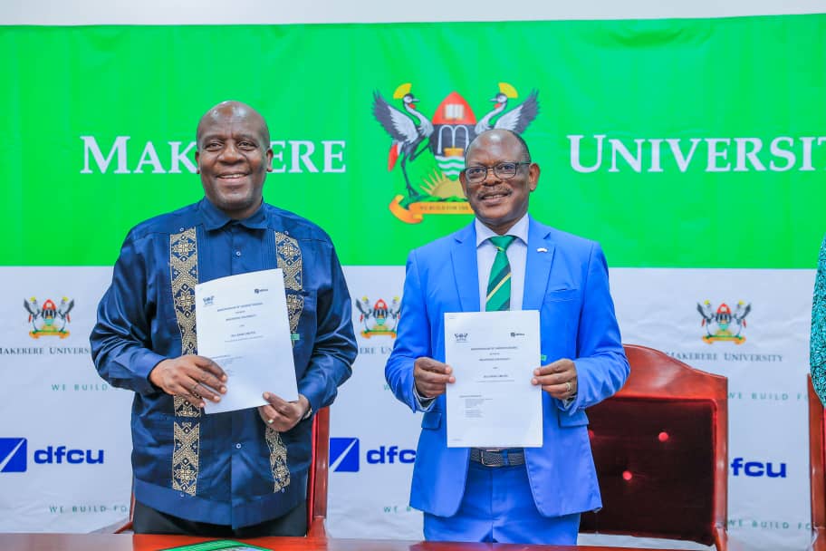 Mr. Charles Mudiwa, Managing Director of dfcu Bank Limited (Left) and Professor Barnabas Nawangwe, Vice Chancellor of Makerere University