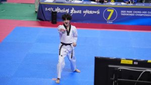 Jeong Jun-yong of the Shincheonji Church of Jesus Taekwondo Team showcases his skills in the individual poomsae event at the “2025 Park Chung-hee Cup International Open Taekwondo Championships,” held at Sangju Indoor Gymnasium, Gyeongsangbuk-do, on July 19.