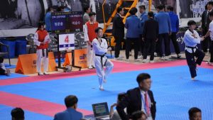 Bae Do-won of the Shincheonji Church of Jesus Taekwondo Team performs a recognized poomsae routine during the individual poomsae event at the “2025 Park Chung-hee Cup International Open Taekwondo Championships,” held at Sangju Indoor Gymnasium, Gyeongsangbuk-do, on July 19
