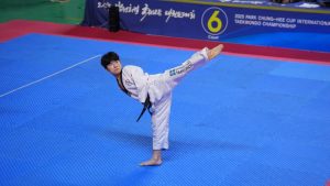 Lim Chang-hyeon of the Shincheonji Church of Jesus Taekwondo Team competes in the individual poomsae event at the “2025 Park Chung-hee Cup International Open Taekwondo Championships,” held at Sangju Indoor Gymnasium, Gyeongsangbuk-do, on July 19.