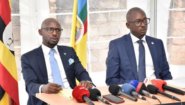 NRM Director Legal Lawyer Enoch Barata (Left) and the Chairperson of the Tribunal Lawyer John Musiime addressing the media