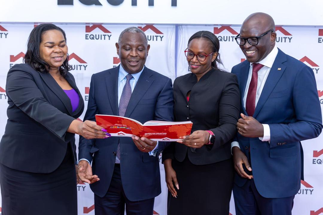 Equity Group leadership discusses the bank’s strong half-year results. From left to right: Angela Okinda, Managing Director of Equity Life Assurance (Kenya); Dr. James Mwangi, Equity Group Managing Director and CEO; Dr. Joanne Korir, Director of Equity Group Foundation Operations; and Moses Nyabanda, Managing Director of Equity Bank Kenya